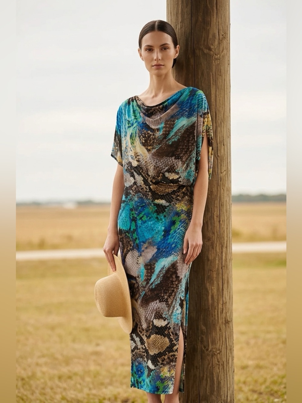 S-Twelve NWOT Blue Multi-Print Asymmetrical Dress with side slits.